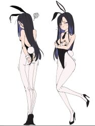  1girl animal_ears ass asymmetrical_bangs black_hair black_leotard black_necktie blush breasts closed_eyes closed_mouth colored_inner_hair covering_breasts covering_privates detached_collar eunhwa_(nikke) fake_animal_ears fake_tail forehead frown goddess_of_victory:_nikke high_heels highleg highleg_leotard leotard long_hair looking_at_viewer mole mole_under_mouth multicolored_hair multiple_views necktie pantyhose playboy_bunny purple_eyes purple_hair rabbit_ears rabbit_tail sakae_nikebaraba short_necktie small_breasts squiggle strapless strapless_leotard sweatdrop tail white_pantyhose 