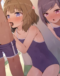 1boy 2girls bar_censor black_hair blue_eyes blue_jammers blue_male_swimwear blue_one-piece_swimsuit blue_school_swimsuit blush brown_hair cameltoe censored child_on_child commentary_request competition_school_swimsuit covered_navel fellatio heart hetero highres idolmaster idolmaster_million_live! jammers jammers_pull loli male_swimwear male_swimwear_pull multiple_girls one-piece_swimsuit open_mouth oral penis pink_eyes public_indecency school_swimsuit seneto short_hair shota suou_momoko swimsuit rating:Explicit score:811 user:danbooru