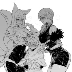  1boy 2girls age_difference ahri_(league_of_legends) animal_ears ara_ara bad_id bad_pixiv_id bare_shoulders blush breasts breath choker claw_(weapon) cleavage cloak covered_navel dress earrings evelynn_(league_of_legends) eyes_visible_through_hair fingernails fingers_together fox_ears fox_tail fur-trimmed_cloak fur_trim gloves greyscale half-closed_eyes hat heart heart_choker hetero highres index_fingers_together jewelry k/da_(league_of_legends) k/da_ahri k/da_evelynn kitsune league_of_legends licking licking_lips long_hair looking_at_another monochrome multiple_girls multiple_tails necklace nervous nunu_(league_of_legends) parted_lips ratatatat74 shiny_skin simple_background single_earring sweat tail tongue tongue_out trembling turtleneck weapon white_background  rating:Sensitive score:232 user:danbooru