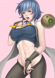 1girl blue_hair breasts bridal_gauntlets brown_eyes clothes_pull covered_erect_nipples dated groin jewelry large_breasts marguerite_(unlight) midriff navel necktie open_mouth pants pants_pull pulling_own_clothes ring robot saliva short_hair narrow_waist solo sweater unlight vasily_(run211)