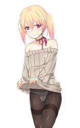  1boy bad_id bad_pixiv_id bare_shoulders blonde_hair clothes_lift crossdressing male_focus original panties panties_under_pantyhose pantyhose red_eyes short_hair short_twintails solo sweater sweater_lift tama_(tamatamo) thighband_pantyhose trap twintails underwear  rating:Questionable score:54 user:danbooru