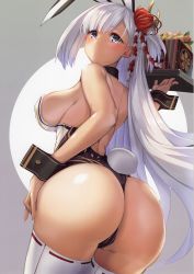 1girl absurdres alternate_costume animal_ears arched_back ass azur_lane bare_shoulders black_leotard blue_eyes blush breasts cleavage cowboy_shot detached_collar fake_animal_ears food from_behind grey_background hair_ornament hand_on_own_hip highres hip_focus holding huge_ass large_breasts leotard lips long_hair looking_at_viewer looking_back makeup mole mole_under_eye playboy_bunny rabbit_ears rabbit_tail satou_daiji scan shiny_skin shoukaku_(azur_lane) sideboob silver_hair simple_background solo strapless strapless_leotard tail thigh_gap thighhighs thighs white_thighhighs wide_hips wrist_cuffs rating:Sensitive score:135 user:danbooru