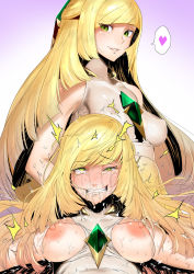 1girl ahegao bare_shoulders blonde_hair breasts breasts_apart breasts_out clenched_teeth colored_skin commentary_request creatures_(company) crying eyes_visible_through_hair game_freak green_eyes grin heart heart-shaped_pupils highres ikuchan_kaoru implied_sex long_hair looking_at_viewer lusamine_(pokemon) medium_breasts multicolored_skin nintendo nipples parted_lips pokemon pokemon_sm revision saliva smile snot solo spoken_heart sweat symbol-shaped_pupils tears teeth trembling rating:Questionable score:156 user:danbooru