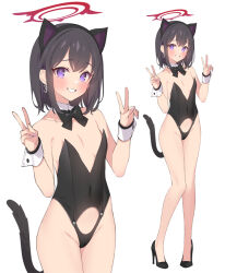  1girl animal_ears bare_shoulders black_bow black_bowtie black_hair black_leotard blue_archive blush bow bowtie breasts cat_ears cat_tail clothing_cutout collarbone detached_collar double_v fake_animal_ears fake_tail groin halo high_heels leotard looking_at_viewer mashiro_(blue_archive) nontraditional_playboy_bunny popqn purple_eyes red_halo short_hair small_breasts smile solo strapless strapless_leotard tail thighs v winged_halo wrist_cuffs 