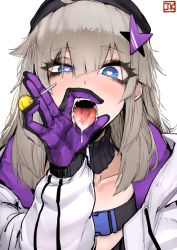 1girl aa-12_(girls&#039;_frontline) bags_under_eyes between_fingers black_gloves black_hat blue_eyes blush bright_pupils buckle candy collarbone commentary_request detached_collar drawstring drooling eyes_visible_through_hair fang fellatio_gesture food girls&#039;_frontline gloves hair_between_eyes hair_ornament half-closed_eye hand_up hat heart heart-shaped_pupils holding holding_food hood hood_down hooded_jacket j.k. jacket lollipop long_hair long_sleeves looking_at_viewer open_clothes open_jacket open_mouth orange_hair purple_gloves saliva sidelocks signature simple_background snap-fit_buckle solo star_(symbol) star_hair_ornament symbol-shaped_pupils tongue tongue_out upper_body white_background white_jacket zipper_pull_tab rating:Questionable score:201 user:danbooru