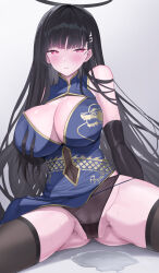  1girl black_hair blue_archive breasts china_dress chinese_clothes cleavage dress highres large_breasts panties red_eyes rio_(blue_archive) shougun_(chuckni1) solo underwear  rating:Questionable score:12 user:danbooru