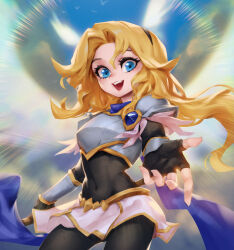  1girl :d armor black_gloves blonde_hair blue_eyes blue_scarf blush bodysuit breastplate breasts brown_bodysuit covered_navel fingerless_gloves gloves hair_between_eyes hairband highres league_of_legends long_hair looking_at_viewer lux_(league_of_legends) miniskirt open_mouth phantom_ix_row scarf shoulder_plates skirt smile solo teeth upper_teeth_only white_skirt 