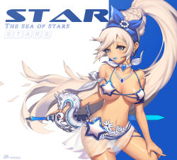 10s 1girl b-anma beads bikini blade_&amp;_soul blue_background blue_lips braid breasts character_request choker cowboy_shot dragon earrings flower gem hairband halterneck highres holding holding_sword holding_weapon jewelry long_hair looking_at_viewer medium_breasts navel necklace parted_lips ponytail sarong see-through shiny_skin solo star_(symbol) star_earrings stomach swept_bangs swimsuit sword two-tone_background underboob very_long_hair weapon white_background white_bikini white_flower white_hair rating:Questionable score:14 user:danbooru