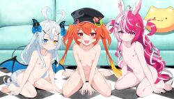  3girls akugaki_koa animal_ears barefoot belly blue_eyes breasts cleft_of_venus closed_mouth commission commissioner_upload couch demon_horns enya_ignis fangs feet flat_chest floor hair_ornament hat heterochromia highres horns idol_corp kiniro_tofu kneeling knees lalabell_lullaby loli long_hair looking_at_viewer multicolored_hair multiple_girls navel nipples nude open_mouth orange_hair pillow pink_eyes pink_hair pussy rabbit_ears red_eyes ribbon skin_fangs small_breasts smile thighs twintails uncensored very_long_hair virtual_youtuber wallpaper white_hair yellow_eyes  rating:Explicit score:14 user:Satoko
