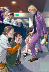  1girl ass azasuke bad_tag bar_censor black_hair black_lagoon bleeding blindfold blindfolded blindfolded_female blonde_hair blood bowling_pin breasts brown_hair censored chaka_(black_lagoon) clothed_male_nude_female crying crying_with_eyes_open fellatio fingerless_gloves forced forced_oral forced_to_watch gag gloves hand_on_another&#039;s_head hand_on_head improvised_gag irrumatio kneeling kneeling_oral_position multiple_boys netorare nude okajima_rokuro oral penis ponytail public_indecency rape revy shoulder_tattoo tape tape_gag tape_over_mouth taped_mouth tattoo tears voyeur voyeurism watching 