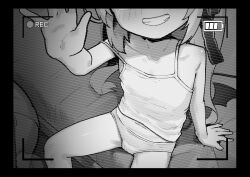  1girl absurdres bat_wings battery_indicator blue_archive camisole flat_chest greyscale grin highres ibuki_(blue_archive) leonat loli long_hair low_wings monochrome panties recording smile teeth underwear viewfinder wings 