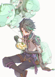  1boy absurdres ahoge almond_tofu_(genshin_impact) aqua_hair asymmetrical_gloves balloon bead_necklace beads black_footwear black_gloves black_pants blush boots closed_mouth commentary_request crossed_legs detached_sleeves facial_mark food forehead_mark genshin_impact gloves green_gloves green_hair hand_up highres holding holding_plate holding_spoon jewelry kiiro_ryo looking_down male_focus mismatched_gloves multicolored_hair necklace pants parted_bangs plate purple_ribbon ribbon shirt short_hair shoulder_spikes sidelocks simple_background single_detached_sleeve sitting sleeveless sleeveless_shirt solo spikes spoon streaked_hair tassel tofu vision_(genshin_impact) white_background white_shirt wide_sleeves xiao_(bird)_(genshin_impact) xiao_(genshin_impact) yellow_eyes 