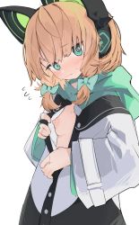  1girl @_@ animal_ear_headphones blonde_hair blue_archive blush bow breasts cat_ear_headphones closed_mouth fake_animal_ears female_focus green_bow green_eyes hair_bow headphones highres jacket loli looking_at_viewer midori_(blue_archive) mikozin nipples open_clothes open_jacket short_hair simple_background small_breasts solo white_background white_jacket  rating:Questionable score:63 user:danbooru