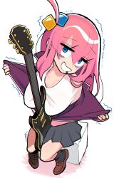  1girl between_breasts blue_eyes bocchi_the_rock! breasts collarbone commentary cube_hair_ornament drooling electric_guitar from_above full_body gashi-gashi gloom_(expression) gotoh_hitori grey_skirt guitar hair_bobbles hair_ornament highres instrument jacket large_breasts loafers long_hair long_sleeves looking_at_viewer nervous_smile nervous_sweating one_side_up open_mouth pink_hair pink_jacket pleated_skirt shirt shoes simple_background sitting sitting_on_object skirt smile solo sweat symbol-only_commentary trembling undressing white_background white_shirt  rating:Sensitive score:7 user:danbooru