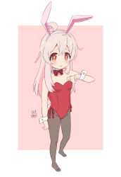  1girl adjusting_clothes adjusting_leotard ahoge animal_ears bare_arms bare_shoulders black_pantyhose blush border bow bowtie breasts brown_eyes collarbone colored_inner_hair commentary_request detached_collar fake_animal_ears fake_tail full_body grey_hair hairband hand_up highres kuretani_nozomi leotard lips long_hair looking_at_viewer multicolored_hair no_shoes onii-chan_wa_oshimai! oyama_mahiro pantyhose pink_background pink_hair pink_hairband playboy_bunny rabbit_ears rabbit_tail red_bow red_bowtie red_leotard side-tie_leotard small_breasts smile solo standing strapless strapless_leotard tail white_border white_tail white_wrist_cuffs wrist_cuffs 