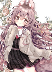  1girl :3 animal_ear_fluff animal_ears belt black_dress blush brown_eyes brown_hair brown_jacket cardigan closed_mouth collared_dress dress flower frills hair_between_eyes hand_on_own_chin hand_up highres jacket kasane_(cynthia) leaning_to_the_side long_hair long_sleeves looking_at_viewer open_clothes original pink_flower pink_rose plaid rose sleeves_past_wrists smile solo squirrel_(jjjjmmn_err) tail thick_eyebrows very_long_hair white_background 