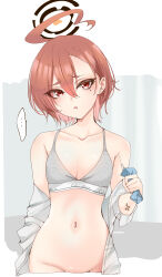 ... absurdres ahoge anger_vein blue_archive bra brown_hair collarbone drooling flat_chest grey_bra groin halo head_tilt highres holding_carton looking_at_viewer milk_carton mole mole_under_eye mouth_drool murabito_c navel neru_(blue_archive) open_clothes open_shirt red_eyes shirt spoken_ellipsis squeezing underwear white_shirt rating:Questionable score:41 user:danbooru