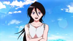  1girl :d bare_arms black_hair bleach bleach:_epilogue blue_sky collarbone commentary crossed_arms day double-parted_bangs dress gwao_(_ul_13) hair_between_eyes highres kuchiki_rukia lens_flare long_hair looking_at_viewer open_mouth outdoors purple_eyes sky sleeveless sleeveless_dress smile solo straight-on straight_hair sundress symbol-only_commentary teeth upper_body upper_teeth_only v-shaped_eyebrows very_long_hair white_dress wide-eyed 
