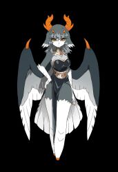  1girl antlers bird_girl bird_tail bird_wings black_background black_dress bright_pupils claws closed_mouth colored_inner_hair colored_sclera colored_skin colored_tips commentary cyany dress english_commentary feathered_wings full_body gem grey_hair grey_skin grey_wings hand_on_own_hip highres horns imuthar_(cyany) jewelry long_hair looking_at_viewer monster_girl multicolored_hair multiple_horns no_feet orange_eyes orange_horns original pelvic_curtain red_gemstone simple_background solo standing strapless tail white_skin wings yellow_pupils yellow_sclera 
