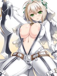  10s 1girl aestus_estus ahoge areola_slip belt blonde_hair breasts center_opening covered_erect_nipples fanatic_fetish fate/extra fate/extra_ccc fate_(series) green_eyes hair_intakes huge_breasts long_hair navel nero_claudius_(bride)_(fate) nero_claudius_(fate) nero_claudius_(fate)_(all) short_hair simple_background solo sword thighs tsukioka_kirio unzipped veil weapon white_background white_theme  rating:Questionable score:169 user:danbooru
