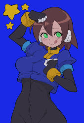  1girl absurdres aile_(mega_man_zx) black_bodysuit blue_background blush bodysuit bodysuit_under_clothes breasts breath brown_hair buzzlyears closed_mouth covered_navel cropped_jacket dojikko_pose embarrassed glowing glowing_eyes green_eyes hand_on_own_head highres jacket looking_at_viewer medium_breasts mega_man_(series) mega_man_zx no_pants paid_reward_available robot_ears short_hair simple_background smile solo tongue tongue_out upper_body 