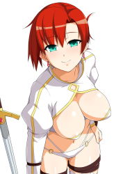 1girl areola_slip bikini blush boudica_(fate) breasts cameltoe cleavage closed_mouth covered_erect_nipples fate/grand_order fate_(series) green_eyes haruhisky highres huge_breasts juliet_sleeves large_breasts long_sleeves looking_at_viewer navel ponytail puffy_sleeves red_hair revealing_clothes shiny_skin short_hair short_ponytail shrug_(clothing) simple_background smile solo swimsuit sword thigh_strap thighs upturned_eyes weapon white_background white_bikini rating:Questionable score:30 user:danbooru