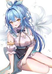  1girl absurdres ahoge aqua_nails bare_shoulders blue_hair blue_ribbon breasts cleavage detached_collar detached_sleeves dress elf gold_trim green_skirt hair_ribbon heart heart_ahoge high_ponytail highres hololive large_breasts long_hair looking_at_viewer mito_soosu multicolored_hair official_alternate_costume pointy_ears ribbon see-through see-through_dress skirt smile solo streaked_hair virtual_youtuber white_dress yellow_eyes yukihana_lamy yukihana_lamy_(5th_costume) 
