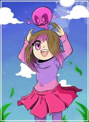  akumu_(glitchtale) bete_noire brown_hair clothes cloud glitchtale grass pink_eyes pink_hair pink_shirt purple_shirt red_skirt shirt short_hair skirt sky smile wearing_clothes  rating:General score:1 user:Montegago