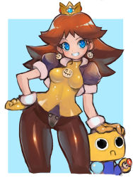  1girl blue_background blue_eyes blush breasts brown_hair capcom cosplay cropped_jacket crossover crown dakusuta earrings gloves green_eyes grin hand_on_another&#039;s_head hand_on_own_hip highres jewelry legs long_hair looking_at_viewer mario_(series) mega_man_(series) mega_man_legends_(series) nintendo pantyhose princess_daisy robot robot_girl servbot_(mega_man) smile super_mario_land tron_bonne_(mega_man) tron_bonne_(mega_man)_(cosplay)  rating:Sensitive score:52 user:danbooru
