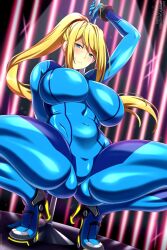  1girl blonde_hair blue_bodysuit blue_eyes blush bodysuit bowlegged_pose breasts gluteal_fold high_heels high_ponytail highres holding holding_pole impossible_bodysuit impossible_clothes large_breasts lindaroze long_hair looking_at_viewer metroid mole mole_under_mouth nintendo pole pole_dancing ponytail samus_aran shiny_clothes skin_tight smile solo spread_legs squatting stripper stripper_pole thighs watermark web_address zero_suit 
