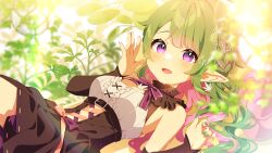  1girl :d asako_mako bare_shoulders black_dress blurry blurry_background bow braid breasts dress dutch_angle elf frills green_hair green_nails hands_up indie_virtual_youtuber looking_at_viewer lying mamyouda medium_breasts multicolored_hair nail_polish on_back open_mouth pink_hair plant pointy_ears purple_eyes red_bow sleeveless sleeveless_dress smile solo two-tone_hair virtual_youtuber wavy_hair 