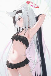  1girl absurdres armpits arms_behind_head bikini black_bikini black_choker black_eyes black_hairband blue_archive blush bow braid breasts chiu538 choker closed_mouth colored_inner_hair commentary_request cowboy_shot frilled_bikini frills grey_hair hair_bow hairband halo highres long_hair looking_afar looking_ahead multicolored_hair navel pink_hair plana_(blue_archive) profile red_halo side_braid simple_background single_braid small_breasts solo standing stomach swimsuit two-tone_hair very_long_hair white_background white_bow 