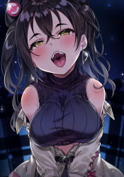  1girl belt black_hair blurry blurry_background blush breasts buckle casual commentary cropped_sweater earrings glint grey_jacket hair_between_eyes hair_ornament head_tilt highres idolmaster idolmaster_cinderella_girls idolmaster_cinderella_girls_starlight_stage jacket jewelry large_breasts long_hair looking_at_viewer mole mole_under_eye night off_shoulder open_mouth pov purple_sweater ribbed_sweater sharp_teeth sleeveless sleeveless_sweater solo star_(sky) sunazuka_akira sweater symbol-only_commentary teeth tem10 tongue tongue_out two_side_up uvula yellow_eyes  rating:Sensitive score:78 user:danbooru
