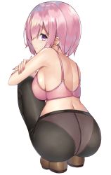 1girl ass back bra breasts fate/grand_order fate_(series) hair_over_one_eye highres hip_focus kanikou large_breasts light_purple_hair looking_back mash_kyrielight panties panties_under_pantyhose pantyhose pink_bra purple_eyes short_hair simple_background solo squatting thighs underwear wedgie white_background rating:Sensitive score:52 user:danbooru