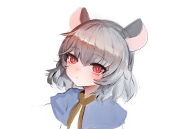 1girl animal_ears bad_id bad_pixiv_id blue_capelet blush capelet commentary_request dokomon grey_hair hair_between_eyes highres mouse_ears nazrin red_eyes short_hair simple_background solo touhou upper_body white_background rating:Sensitive score:4 user:danbooru