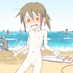  1girl 6+boys akame-chan_(kyo-yan) beach blush brown_hair day embarrassed highres jaggy_lines kyo-yan loli looking_down multiple_boys navel nude ocean open_mouth orange_eyes original outdoors public_indecency public_nudity pussy solo surfboard water wavy_mouth wide-eyed  rating:Explicit score:111 user:Dweenie