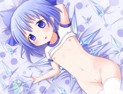  1girl alternate_costume bar_censor blue_eyes blue_hair blush bottomless bow censored cirno cleft_of_venus clothes_lift fang flat_chest frog frozen frozen_frog hair_bow highres ice loli makuran matching_hair/eyes nipples pointless_censoring pussy shirt_lift short_hair solo tears thighhighs touhou white_thighhighs wings  rating:Explicit score:87 user:danbooru