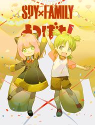  2girls :d anya_(spy_x_family) arm_up black_footwear bob_cut brown_shorts child closed_mouth collared_dress cone_hair_bun director_chimera_(spy_x_family) dress duralumin eden_academy_school_uniform green_eyes green_hair hair_bun highres holding_hands koiwai_yotsuba long_sleeves multicolored_clothes multiple_girls neck_ribbon open_mouth outstretched_arm pink_hair quad_tails red_footwear red_ribbon ribbon school_uniform seveneightdu shirt short_sleeves shorts smile spy_x_family standing standing_on_one_leg stuffed_animal stuffed_toy teddy_bear white_shirt yotsubato! 