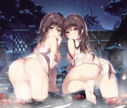  2girls :o ass bathing breasts brown_hair feet flower highres kamishiro_hotaru kamishiro_kasumi large_breasts leg_up long_hair looking_at_viewer looking_back miyase_mahiro multiple_girls naked_towel nipples onsen open_mouth partially_submerged pussy pussy_juice see-through sideboob smile snow third-party_edit towel uncensored water wet wet_towel 