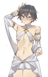  1boy ancient_greek_clothes black_hair blue_eyes blush greco-roman_clothes midriff nabibutter navel original simple_background solo thighs trap v white_background  rating:Sensitive score:17 user:Seag_ull