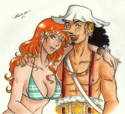 1boy 1girl bikini bikini_top_only black_hair breasts cleavage earphones earrings goggles goggles_around_neck hat head_on_another&#039;s_shoulder hug jewelry large_breasts long_hair long_nose looking_at_viewer medium_breasts nami_(one_piece) one_piece orange_hair overalls swimsuit usopp