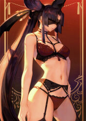 1girl absurdres bare_arms bare_shoulders blindfold bra breasts brown_hair closed_mouth collarbone fate/grand_order fate_(series) garter_belt garter_straps gradient_background hair_ornament hand_on_own_hip highres lingerie lips mashuu_(neko_no_oyashiro) medium_breasts navel o-ring panties ponytail scan simple_background solo stomach taira_no_kagekiyo_(fate) thighhighs thighs underwear ushiwakamaru_(fate) rating:Sensitive score:68 user:danbooru