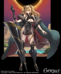 1girl animal_ears artist_name bare_shoulders black_leotard blonde_hair boots bracelet breasts cape closed_mouth coat commentary_request company_connection company_name copyright_name cuboon evertale fur_trim gilgamesh_(evertale) highres holding jewelry large_breasts leotard lion_ears lion_tail lips logo long_hair looking_at_viewer off_shoulder official_art pelvic_curtain see-through shiny_clothes shiny_skin smile tail tail_wrap thigh_boots thigh_strap thighs underboob weapon yellow_eyes rating:Sensitive score:4 user:danbooru