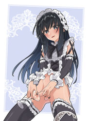  1boy black_eyes black_hair black_lips black_nails black_ribbon black_thighhighs blue_background border clothed_masturbation crossdressing cup detached_sleeves hand_on_own_penis highres holding holding_cup lipstick long_hair looking_down maid maid_headdress makeup male_focus male_masturbation masturbation meito moyashimon mubo nail_polish penis ribbon small_penis solo thighhighs trap white_background white_border yuuki_kei 