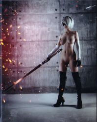 1girl 2b_(nier:automata) 2b_(nier:automata)_(cosplay) ass blindfold boots breasts cosplay elbow_gloves gloves hairband helly_von_valentine_(disharmonica) high_heels highres large_breasts navel nier:automata nier_(series) nipples nude parted_lips photo_(medium) pussy short_hair simple_background solo source_request sword thigh_boots thighhighs thighs uncensored weapon white_hair  rating:Questionable score:138 user:chucky69
