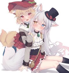  2girls :d animal_ear_fluff animal_ears bag belt_collar black_corset black_hat black_socks blonde_hair blue_eyes blush bow brooch collar corset eip_(pepai) fang fox_ears fox_tail green_brooch grey_hair grey_shirt hand_on_another&#039;s_shoulder hat heterochromia jewelry kneehighs long_hair looking_at_viewer mini_hat multiple_girls open_mouth original pleated_skirt red_bow red_eyes red_hat red_skirt shirt shoulder_bag simple_background sitting skirt smile socks tail top_hat white_background yellow_eyes 