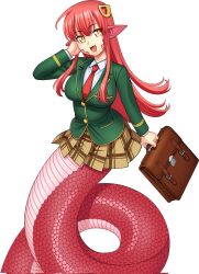  1girl :d bag breasts fang hair_ornament hairclip highres holding holding_bag lamia large_breasts long_hair miia_(monster_musume) monster_girl monster_musume_no_iru_nichijou necktie okayado open_mouth orange_eyes pleated_skirt pointy_ears red_hair scales school_uniform shirt skirt slit_pupils smile solo white_shirt 
