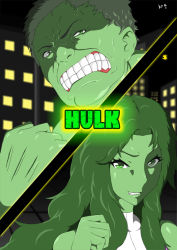  1boy 1girl angry clenched_hand colored_skin cousins green_skin green_theme hero hulk laughing long_hair marvel monster monster_boy moon night punching she-hulk title  rating:Sensitive score:8 user:kimr456