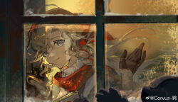  absurdres black_gloves blonde_hair blue_eyes crow_yayu gloves hand_up head_scarf highres long_hair looking_at_viewer print_scarf red_scarf reverse:1999 scarf shirt smile vila_(reverse:1999) waving white_shirt wind wind_lift window 