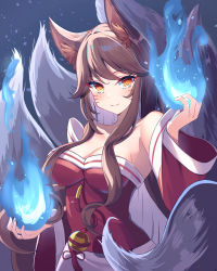 1girl absurdres ahri_(league_of_legends) animal_ears bare_shoulders blue_fire breasts brown_hair cleavage collarbone detached_sleeves facial_mark fire fox_ears fox_tail highres korean_clothes kyuubi large_breasts league_of_legends long_hair multiple_tails pso2kotone solo tail very_long_hair whisker_markings yellow_eyes rating:Sensitive score:21 user:danbooru